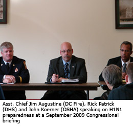 Asst. Chief Jim Augustine (DC Fire), Rick Patrick (DHS) and John Koerner (OSHA) speaking on H1N1 at Congressional briefing