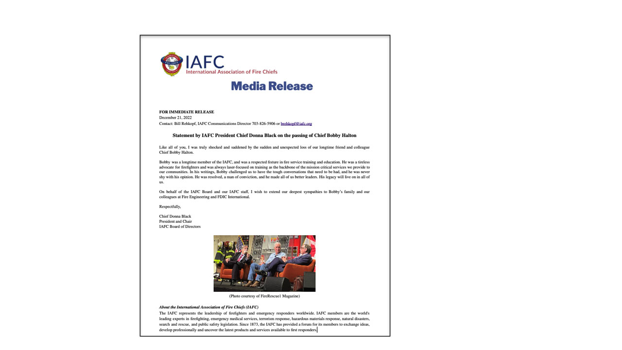 Statement by IAFC President Chief Donna Black on the passing of Chief Bobby Halton