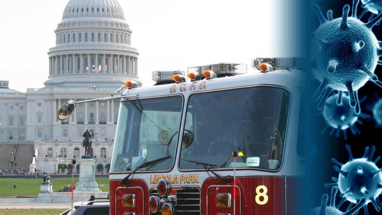 New fire truck in front of Capitol COVID19