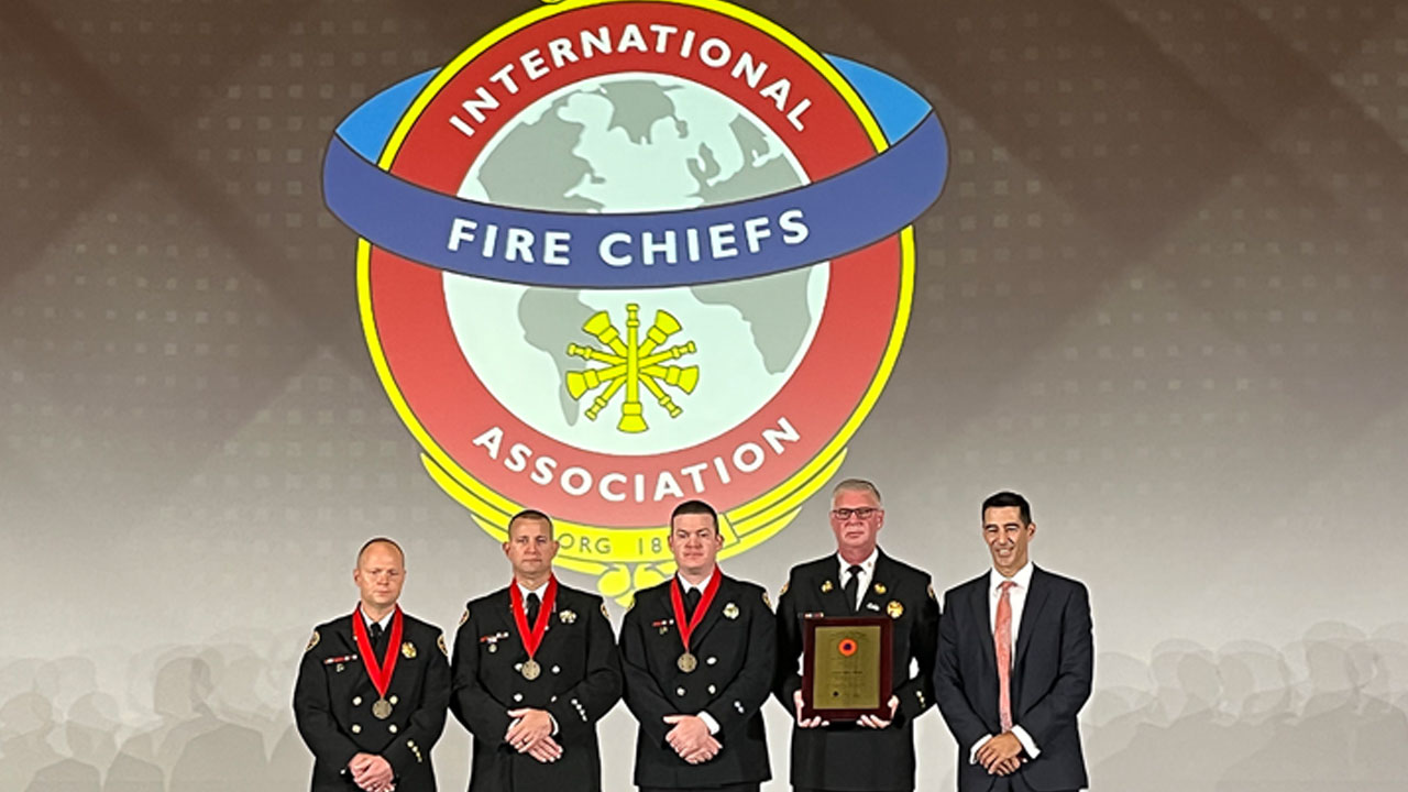 Captain Michael Kaake, Lieutenant Kris Prosser and firefighter paramedic Tyler Abbatiello as the recipients of the 2022 IAFC Ben Franklin Award for Valor