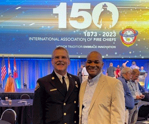 Chief Brian Fennessy, Orange co (CA) fire authority, California State 2023 chief of the year and IAFC 2023 chief of the year. FSEDI cohort 2 and Chief Darnell Fullum, DeKalb co (GA) fire dept. Georgia State 2023 chief of the year. FSEDI cohort 1