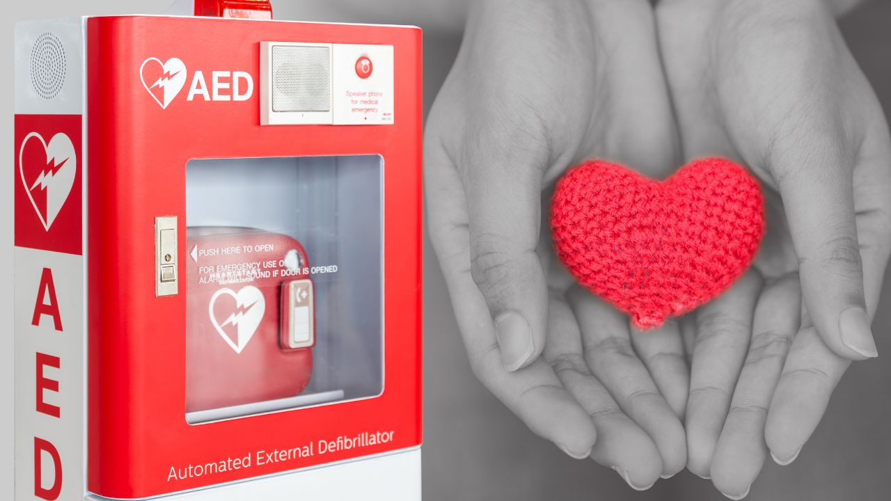 AED machine with image of woman