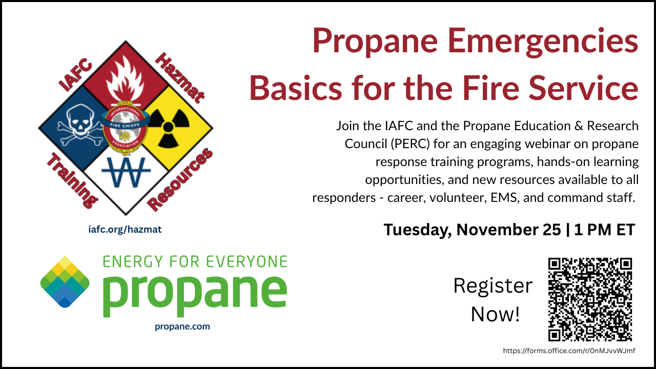 A graphic with logos for the IAFC and PERC, the title of the webinar, a brief summary of the event, and a QR code to register.